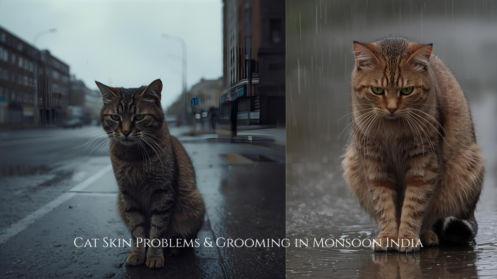 Cats in rain suffering from monsoon skin problems in India