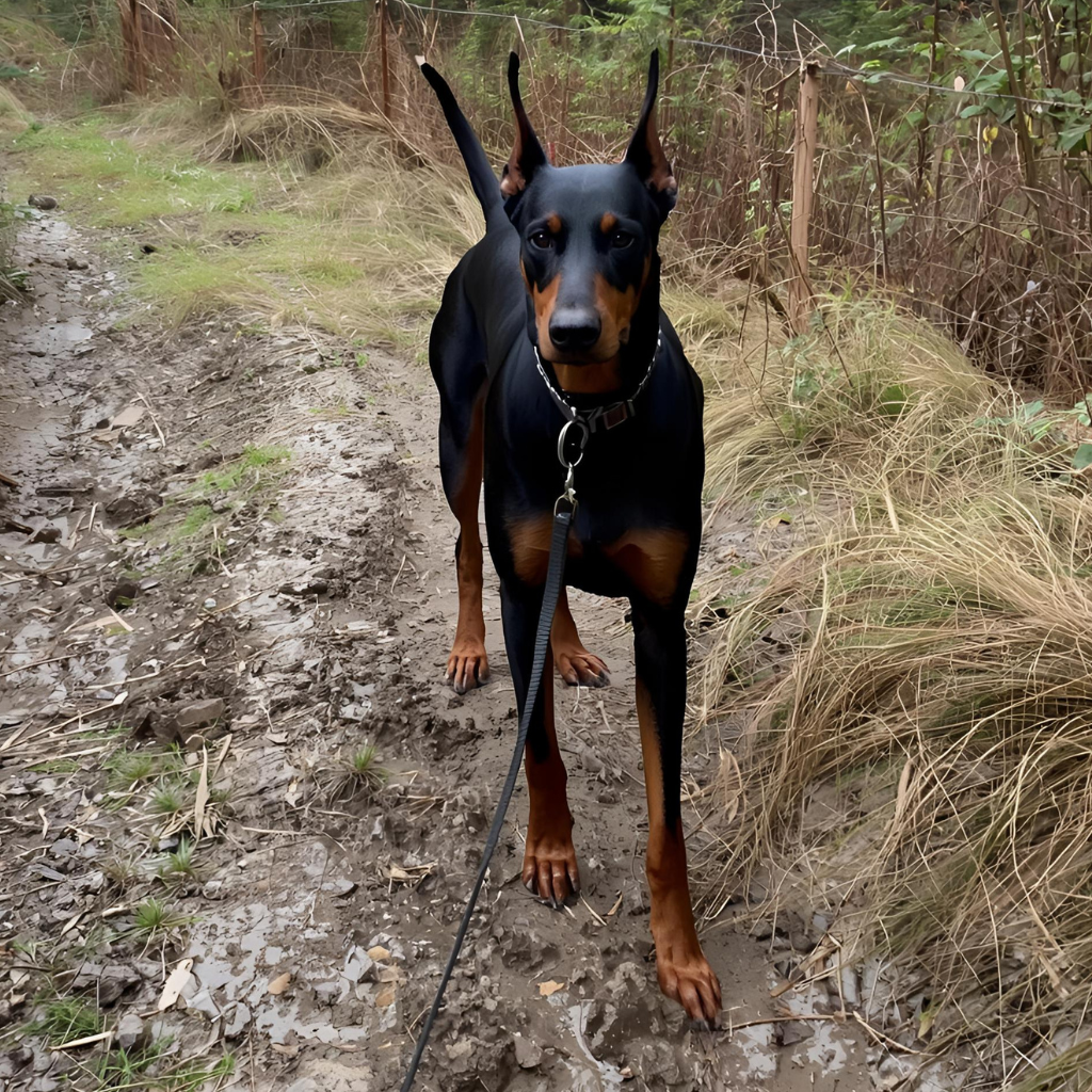 Doberman walking on a muddy path, showcasing the need for natural paw care protection